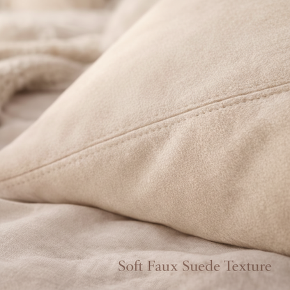 Close-up of soft faux suede texture with visible stitching.