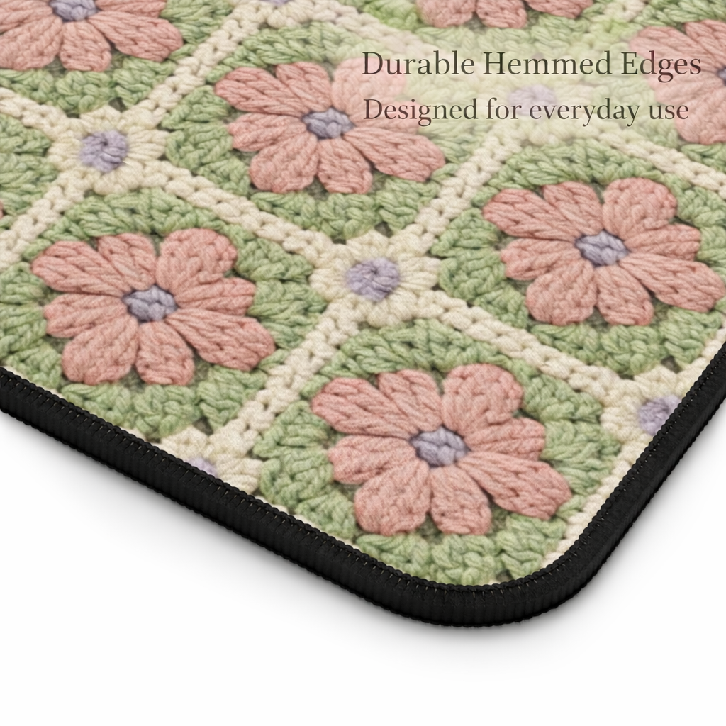 Crocheted mat with pink flowers and text about durable hemmed edges.