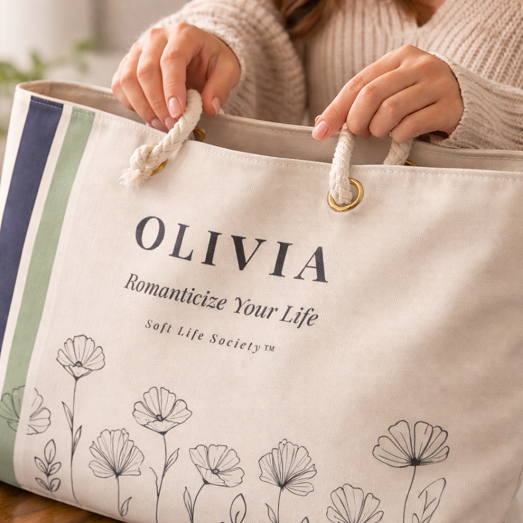 Person holding a tote bag with 'OLIVIA' branding and floral design.