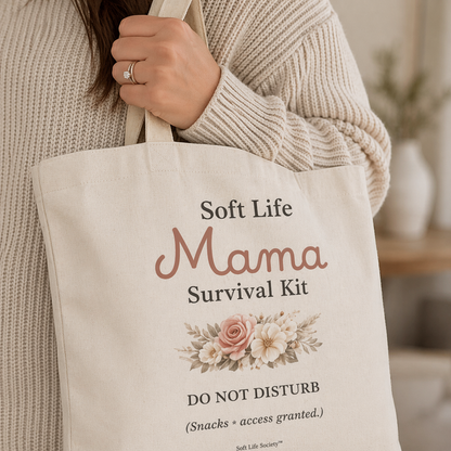 Tote bag with 'Soft Life Mama Survival Kit' text and floral design held by a person.