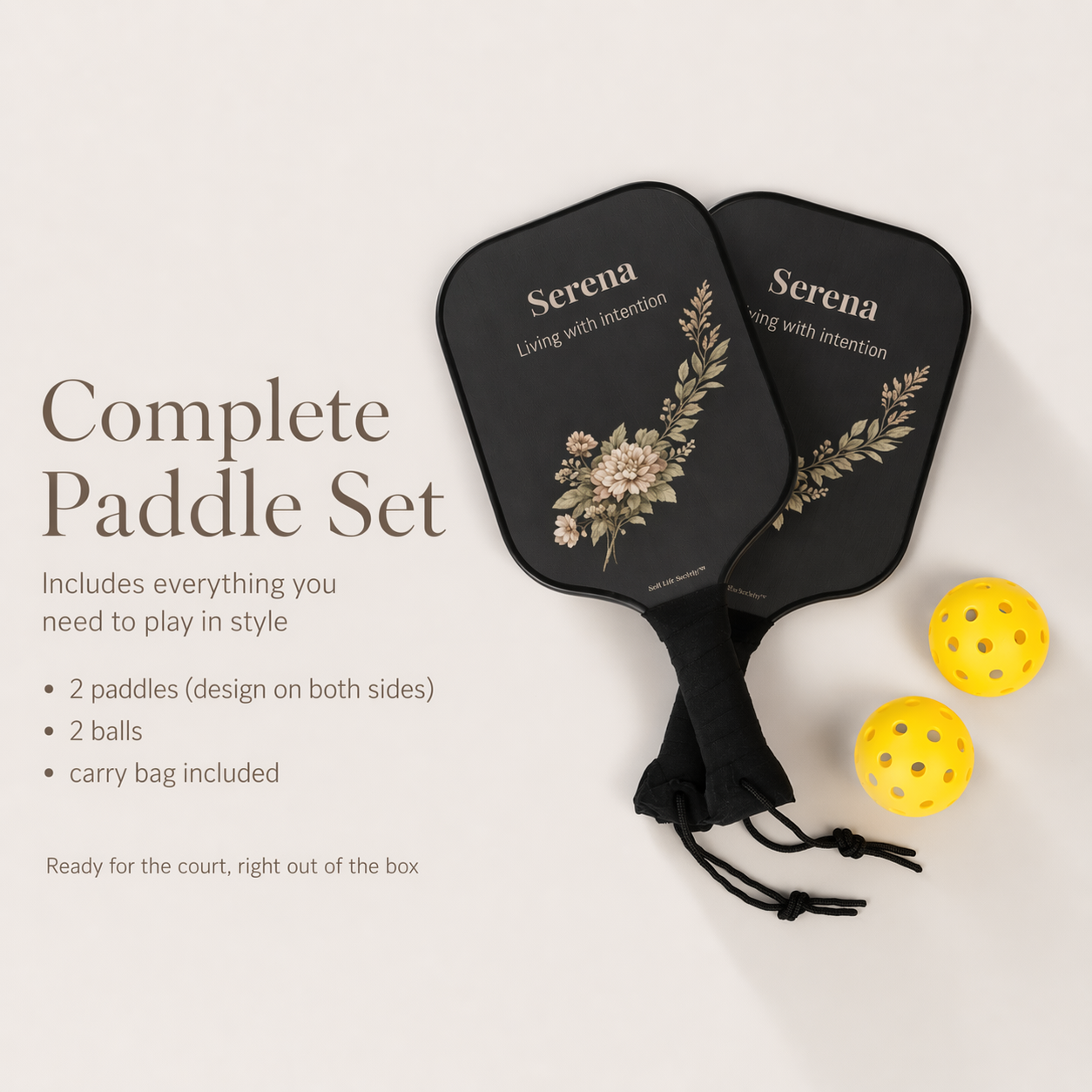 Infographic with two black paddle sets with floral designs and two yellow balls on a light background
