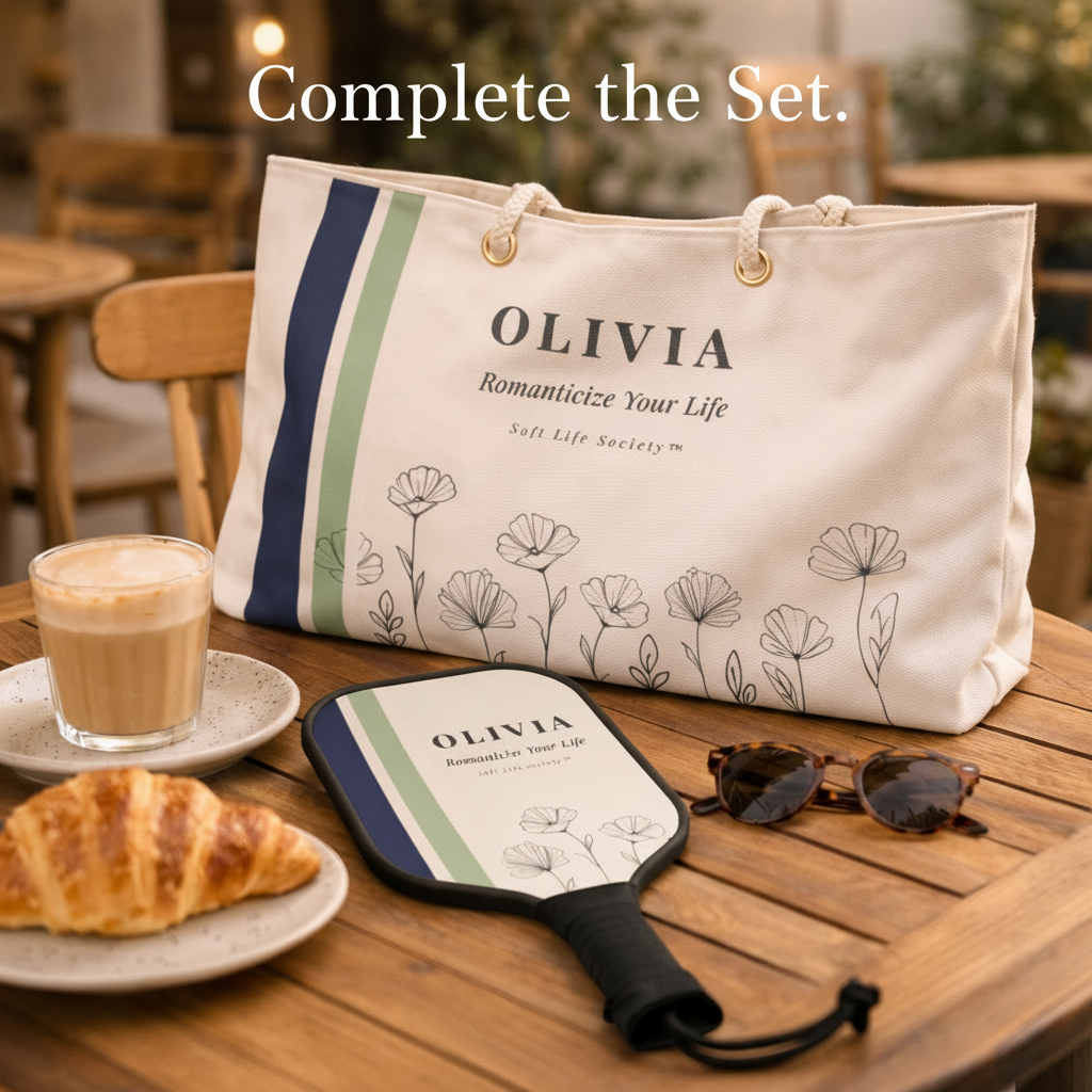 Tote bag with 'OLIVIA' branding on a table with matching pickleball paddle, a croissant, coffee, and sunglasses.