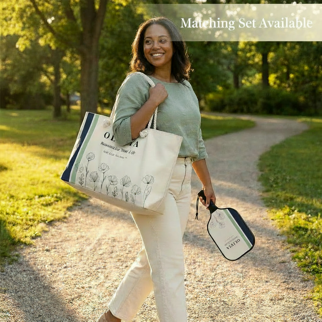 Woman walking outdoors holding a tote bag and a small bag, with trees and grass in the background.