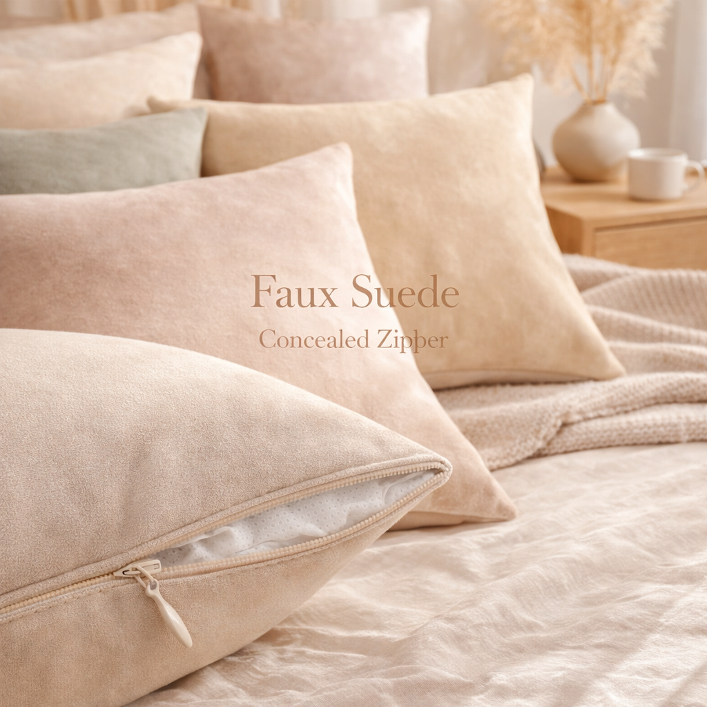 Beige faux suede pillows on a bed with 'Faux Suede Concealed Zipper' text.