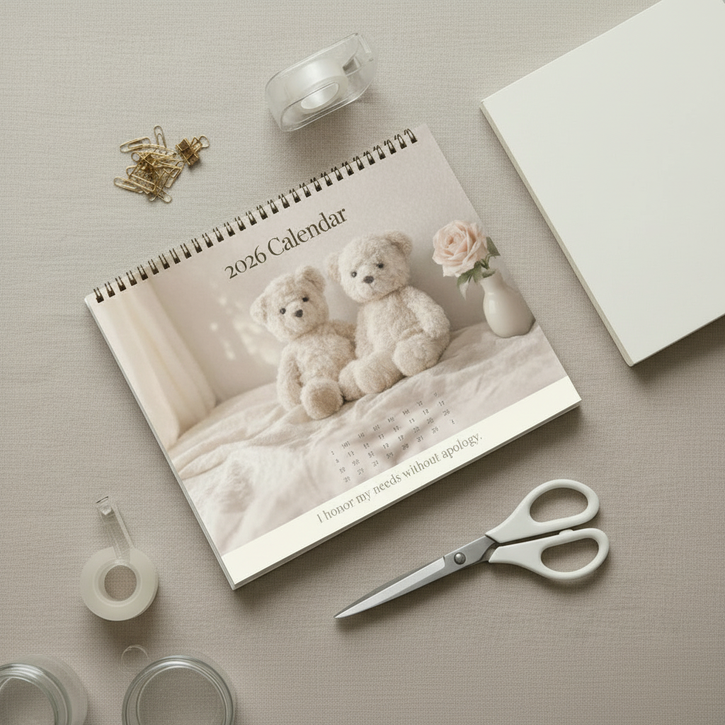 2026 Soft Life Society calendar with teddy bears on a textured surface with scissors and tape.