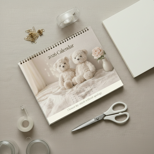 2026 Soft Life Society calendar with teddy bears on a textured surface with scissors and tape.