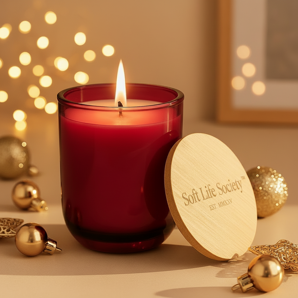 "Christmas Warmth" candle in a Cranberry Red glass holder with a wooden coaster labeled 'Soft Life Society' on a decorative surface.