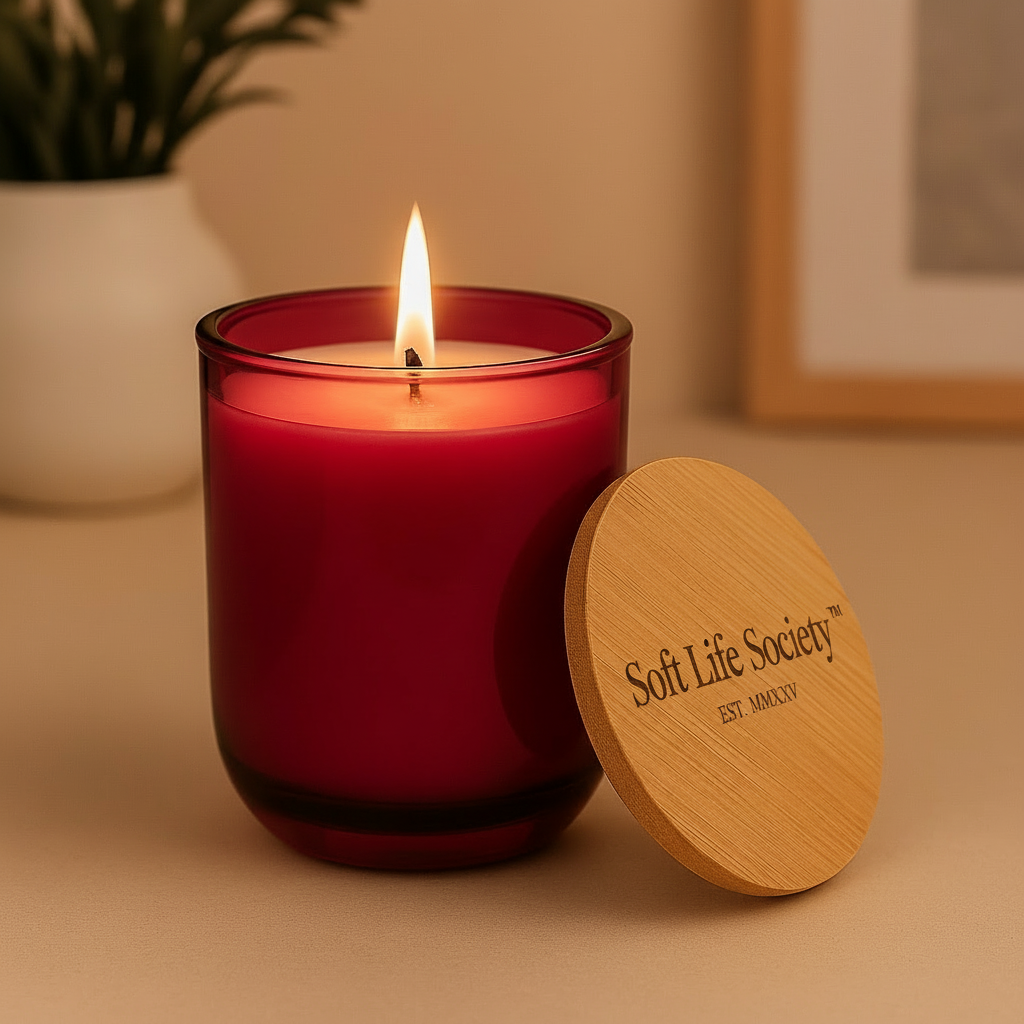 Red candle with wooden lid on a beige surface, featuring 'Soft Life Society' branding.