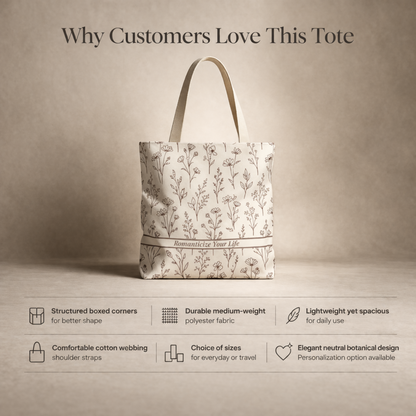Tote bag with floral pattern on a beige background, featuring text about why customers love it.