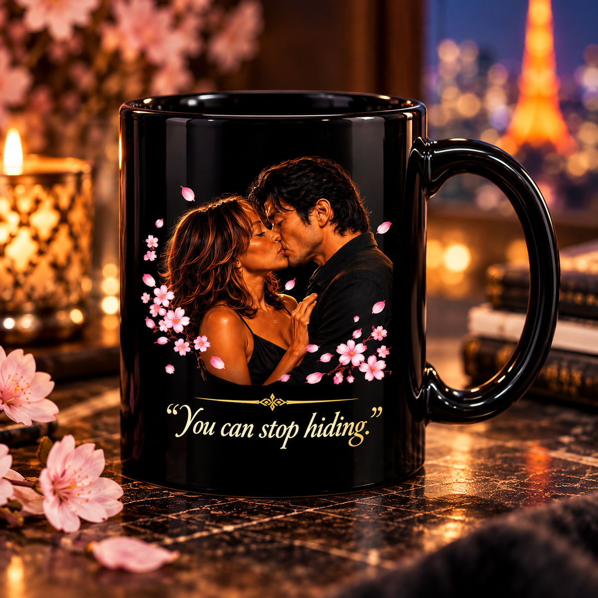 Tokyo After Midnight black ceramic mug featuring romantic character artwork, pink cherry blossoms, and the quote “You can stop hiding.” from Tania Cole’s novel.