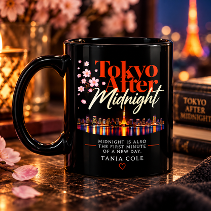 Tokyo After Midnight black ceramic mug featuring the title, pink cherry blossoms, illuminated Tokyo skyline, the quote “Midnight is also the first minute of a new day,” and author name Tania Cole.