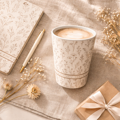 Botanical latte mug styled with ribbon and journal on neutral table creating thoughtful self care gift set atmosphere.