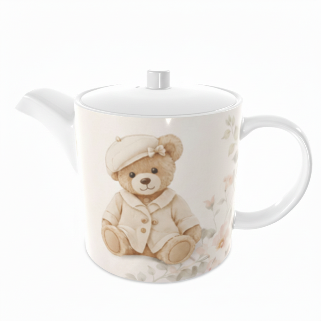 White teapot with a teddy bear design on a white background