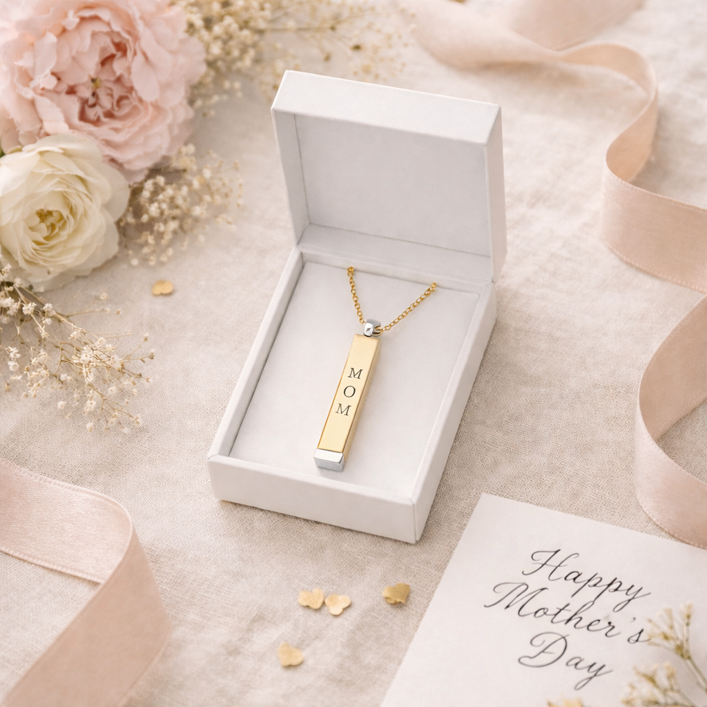 Mother’s Day jewelry gift with secret message. Gold bar necklace in a gift box styled with soft flowers and Mother’s Day card on neutral linen background