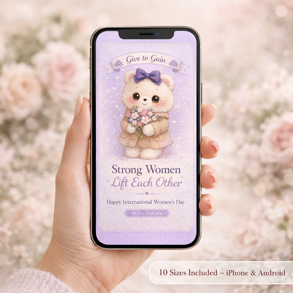 Lifestyle mockup of a hand holding a smartphone displaying a cute teddy bear International Women’s Day wallpaper with lavender pastel aesthetic