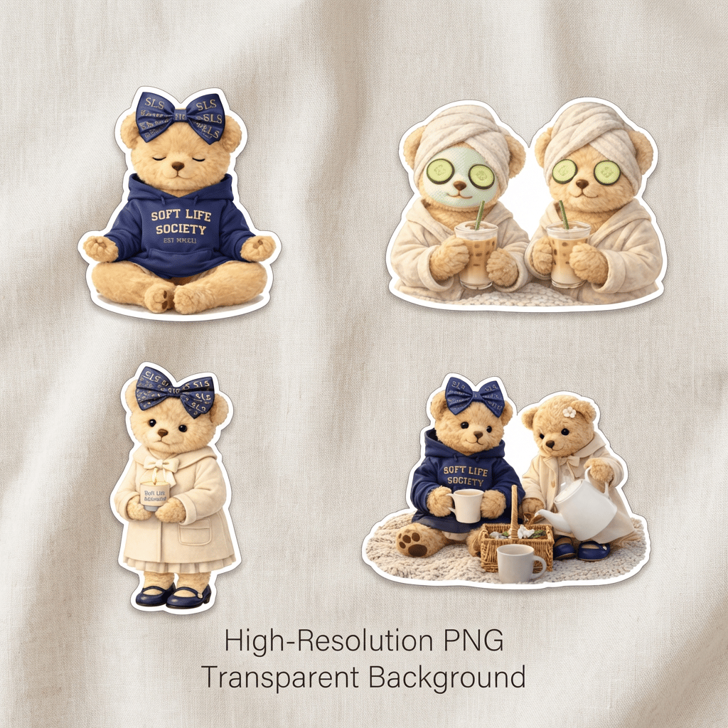 Set of teddy bear illustrations on a textured beige background with 'High-Resolution PNG Transparent Background' text.