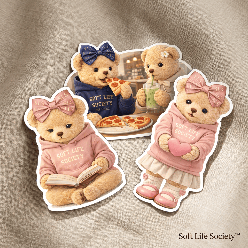 Four teddy bears in 'Soft Life Society' outfits on a textured beige background