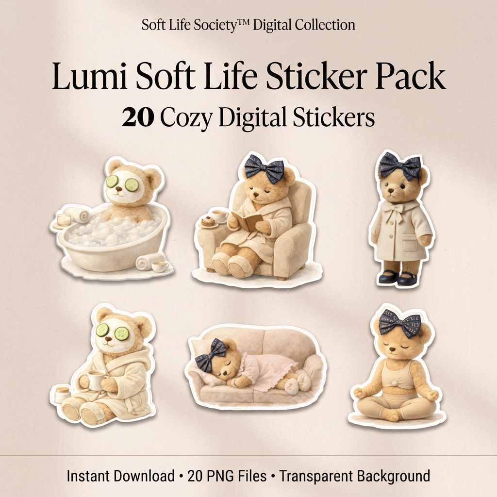 Lumi Soft Life Sticker Pack, cozy teddy bear digital stickers, neutral aesthetic, self care planner stickers, instant download PNG files
