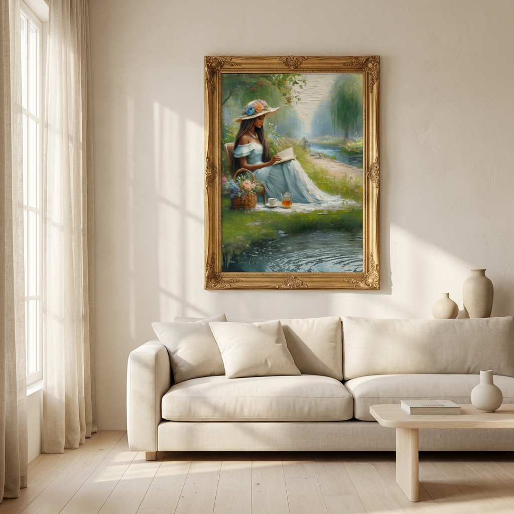 Framed painting of a woman in a garden above a beige sofa in a living room.