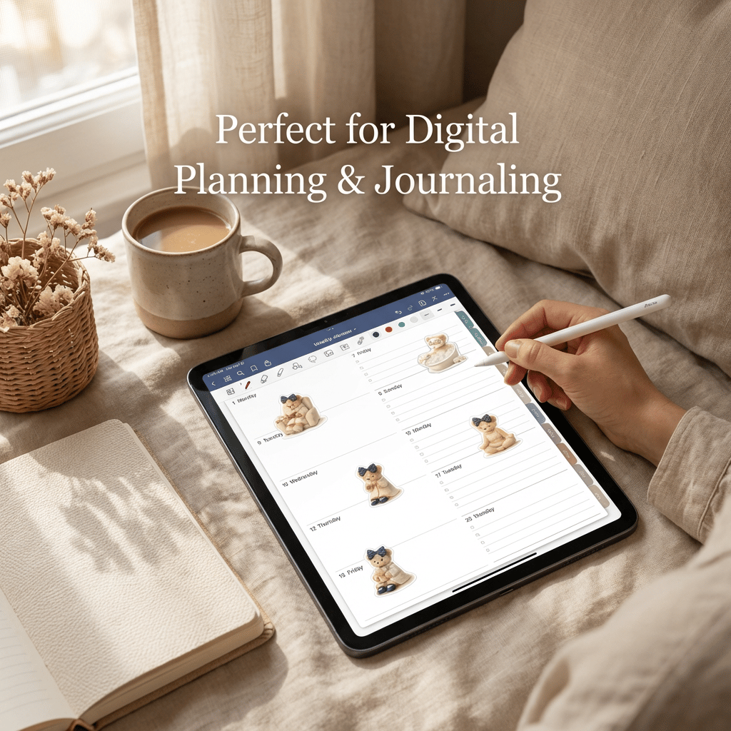 Person using a tablet for digital planning with a cup of coffee and notebook on a soft surface.