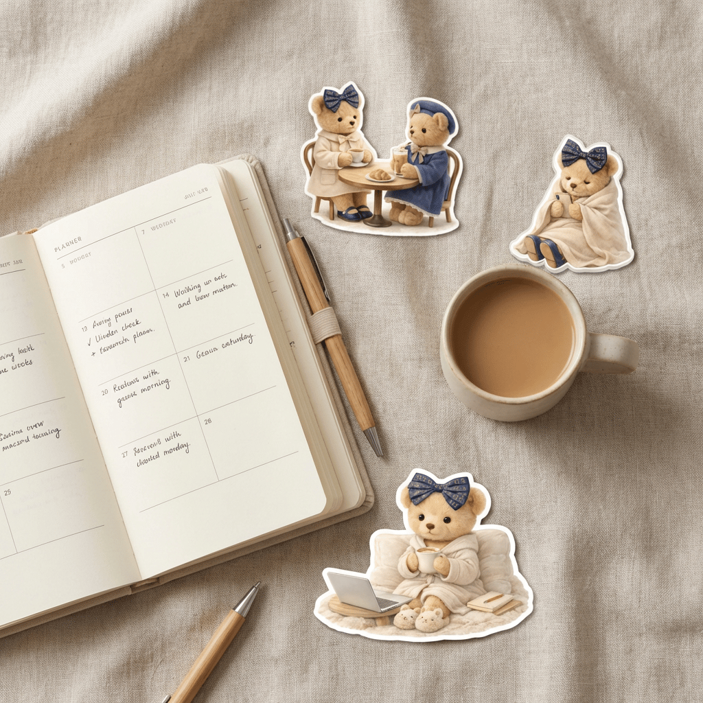 Sticker of a teddy bear with a bow sitting on a chair next to an open notebook and a cup of coffee.