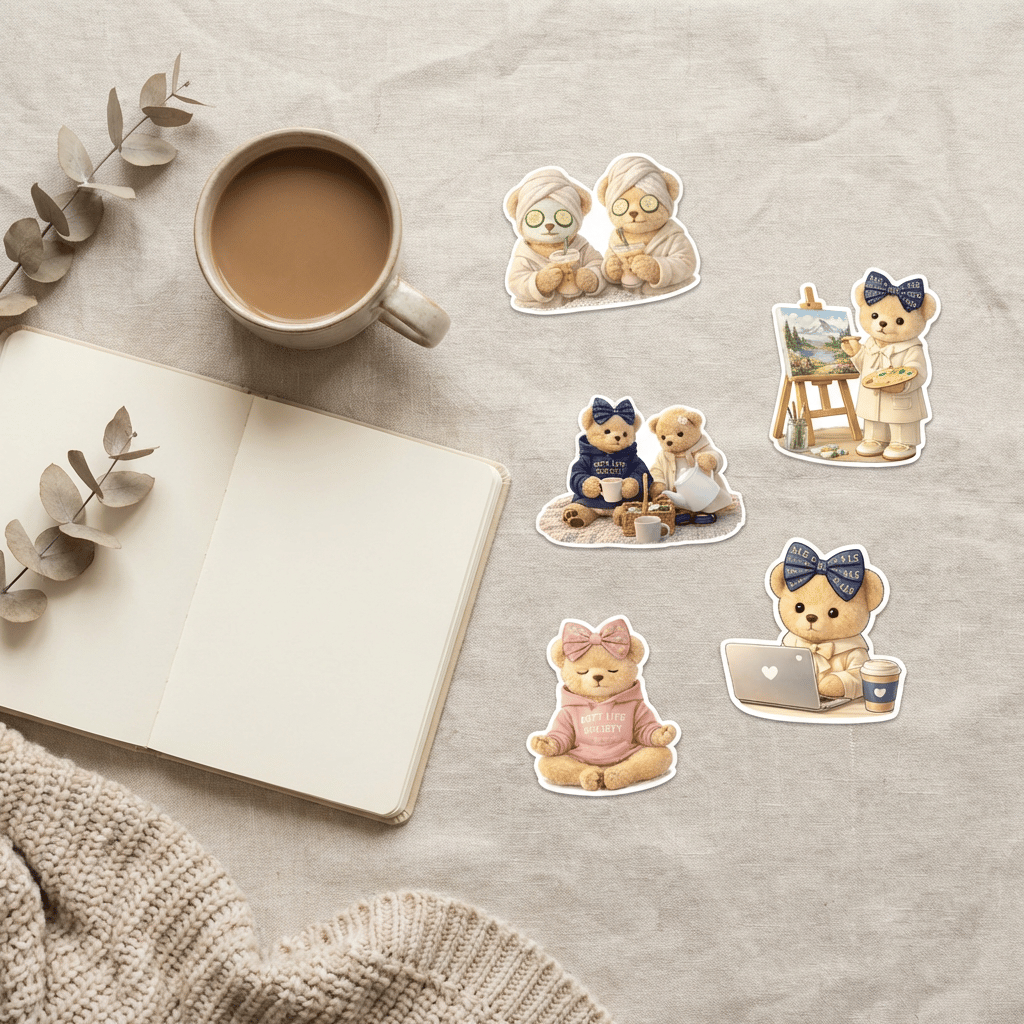 Sticker set of bears and a cup of coffee on a textured surface