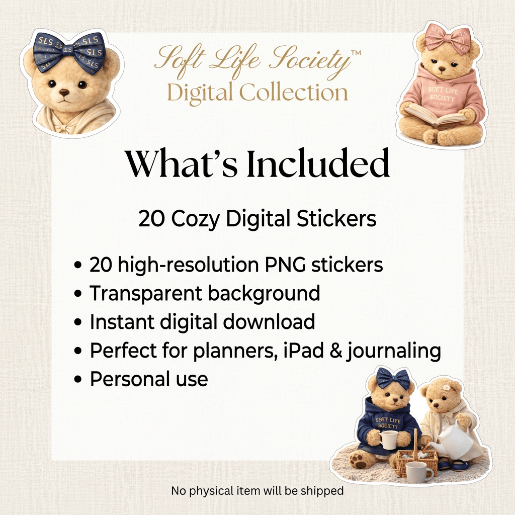 Promotional image of Soft Life Society digital collection with teddy bears and text about cozy digital stickers.