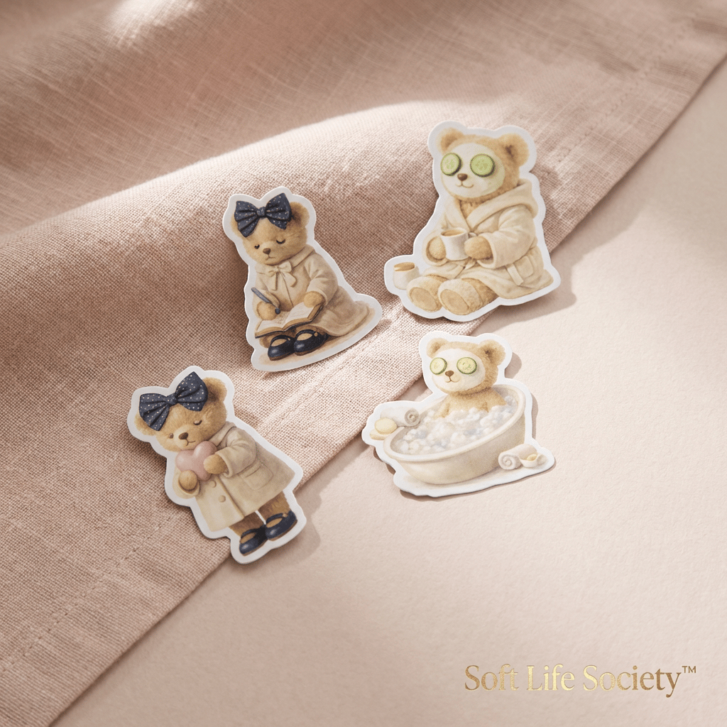 Four cute bear illustrations on a beige fabric background with 'Soft Life Society' branding.