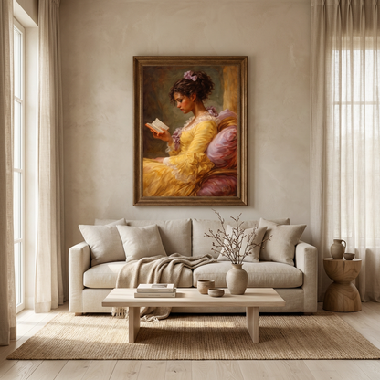 Living room with a beige sofa, coffee table, and a painting of a woman in a yellow dress on the wall.