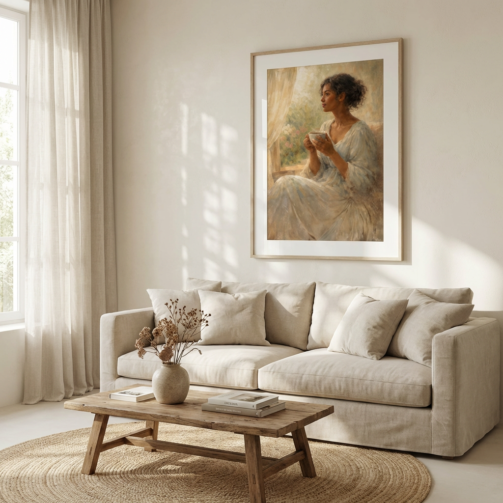 Large framed portrait art displayed above a modern neutral sofa, highlighting scale and placement for living room wall decor.