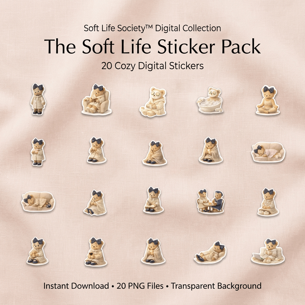 Cover of 'The Soft Life Sticker Pack' with digital stickers of teddy bears on a beige background.