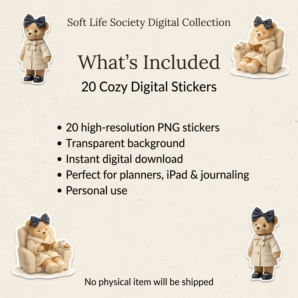Promotional image of Soft Life Society Digital Collection with digital stickers of a teddy bear in a chair.