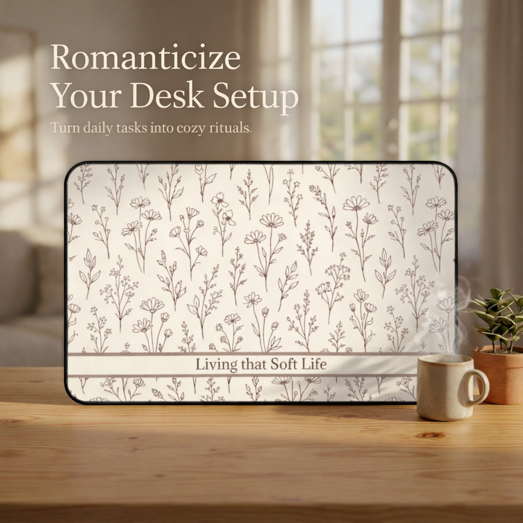Neutral floral desk mat with soft botanical pattern, styled on a wooden desk with coffee mug and natural window light for a cozy workspace aesthetic.
