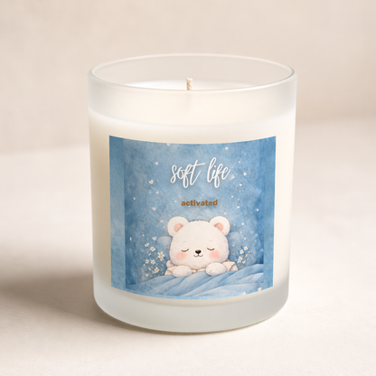 Soft Life soy candle in frosted glass jar with blue bear design, minimalist product shot