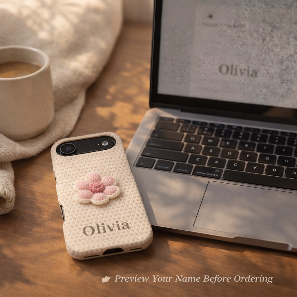 Phone case with floral design and 'Olivia' branding next to a laptop on a wooden surface.