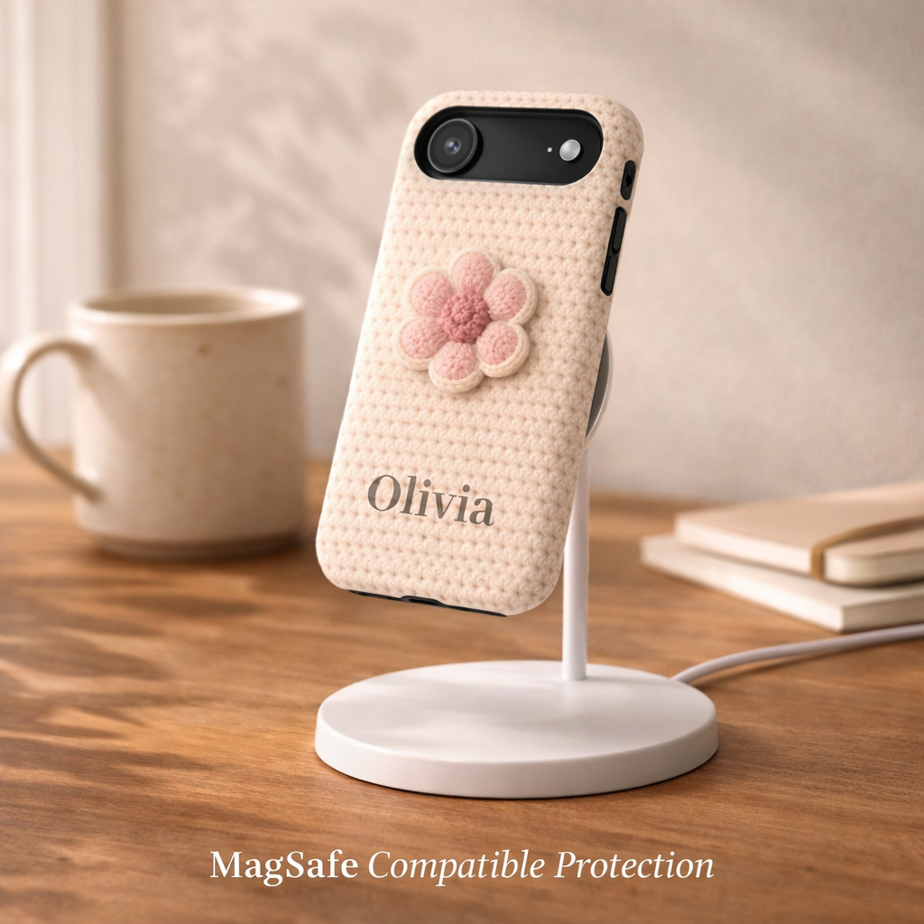 Phone case with floral design and 'Olivia' branding on a charging stand, with a cup and books in the background.