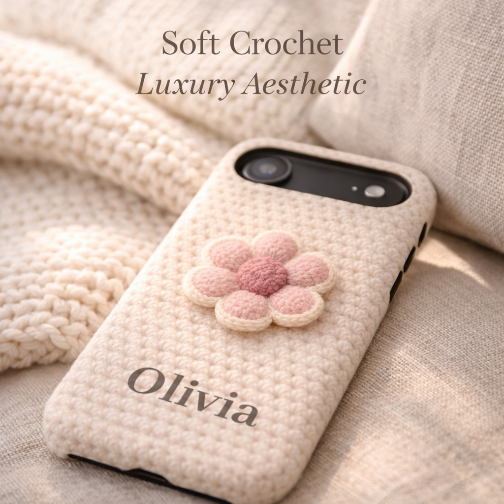 Beige textured phone case with a pink flower design and 'Olivia' branding on a soft fabric background.