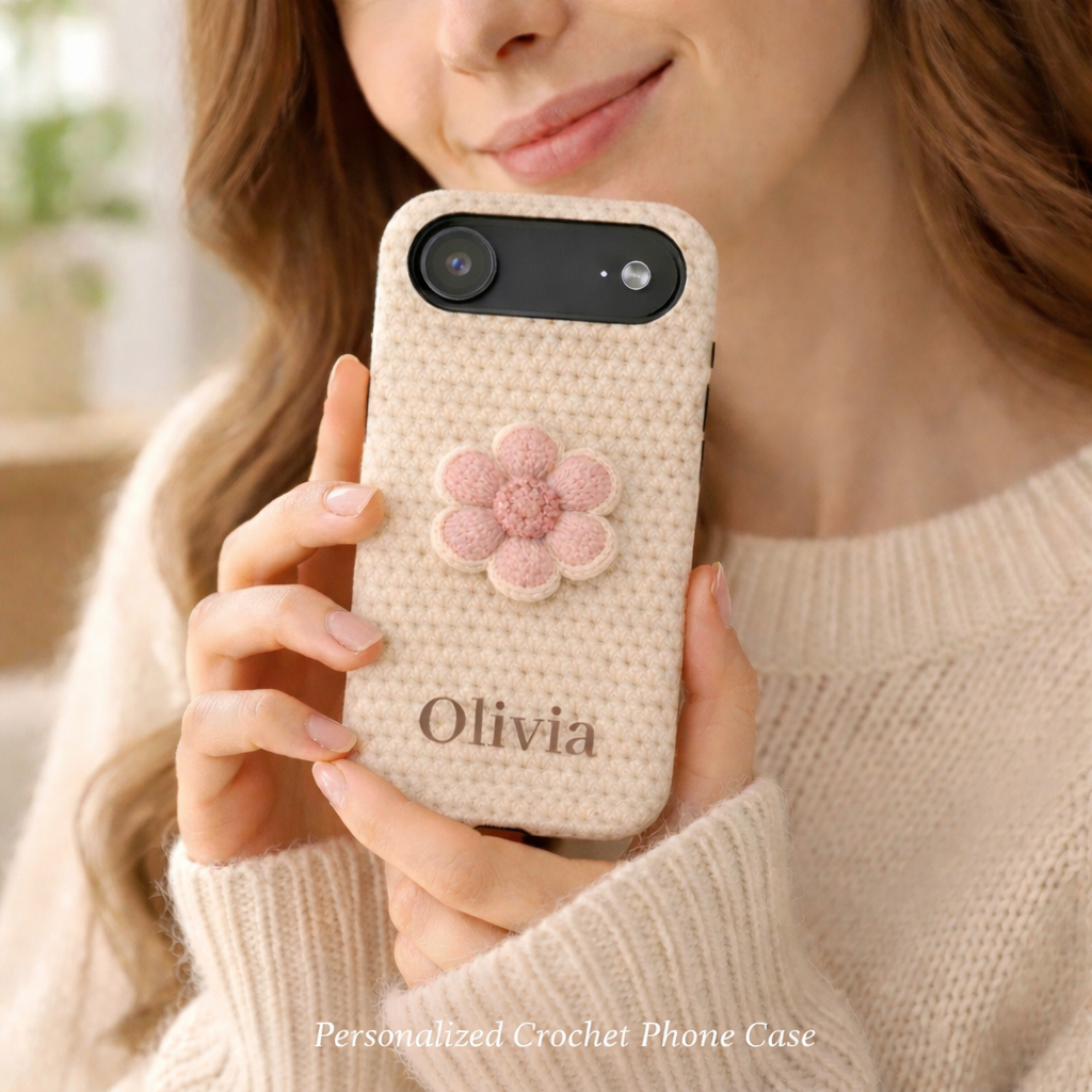 Person holding a personalized crochet phone case with a pink flower design and 'Olivia' engraving.