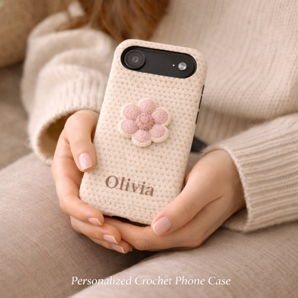 Person holding a personalized crochet phone case with a flower design and 'Olivia' branding.