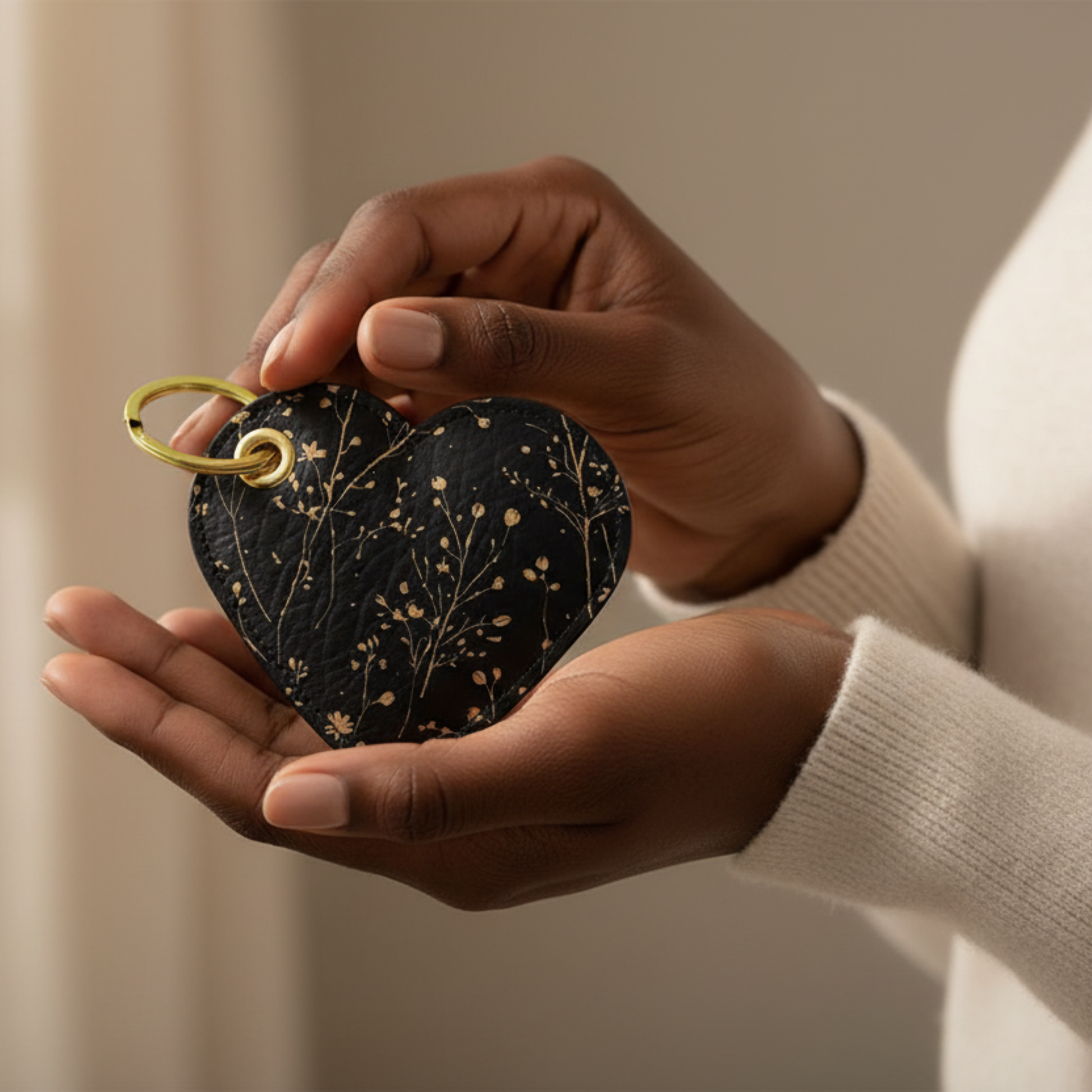 Heart-shaped black leather keychain with floral design held by a person against a neutral background