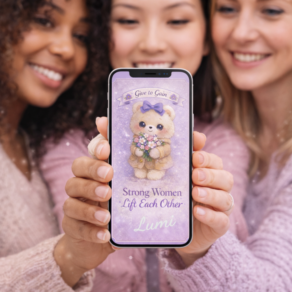 Three diverse women smiling together while holding a smartphone displaying a cute Lumi teddy bear animated lock screen wallpaper with the message “Strong Women Lift Each Other.”