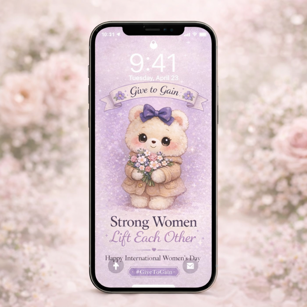 Smartphone lock screen preview displaying a lavender teddy bear wallpaper with the message “Strong Women Lift Each Other” and International Women’s Day theme.