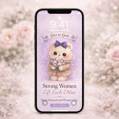 Smartphone lock screen preview displaying a lavender teddy bear wallpaper with the message “Strong Women Lift Each Other” and International Women’s Day theme.