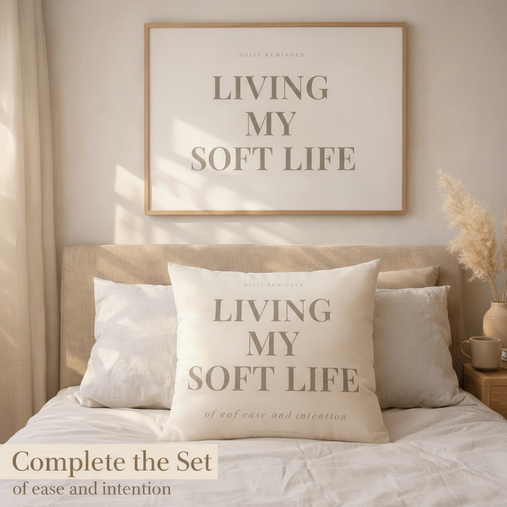 Neatly arranged bedroom with 'Living My Soft Life' pillows and decor.