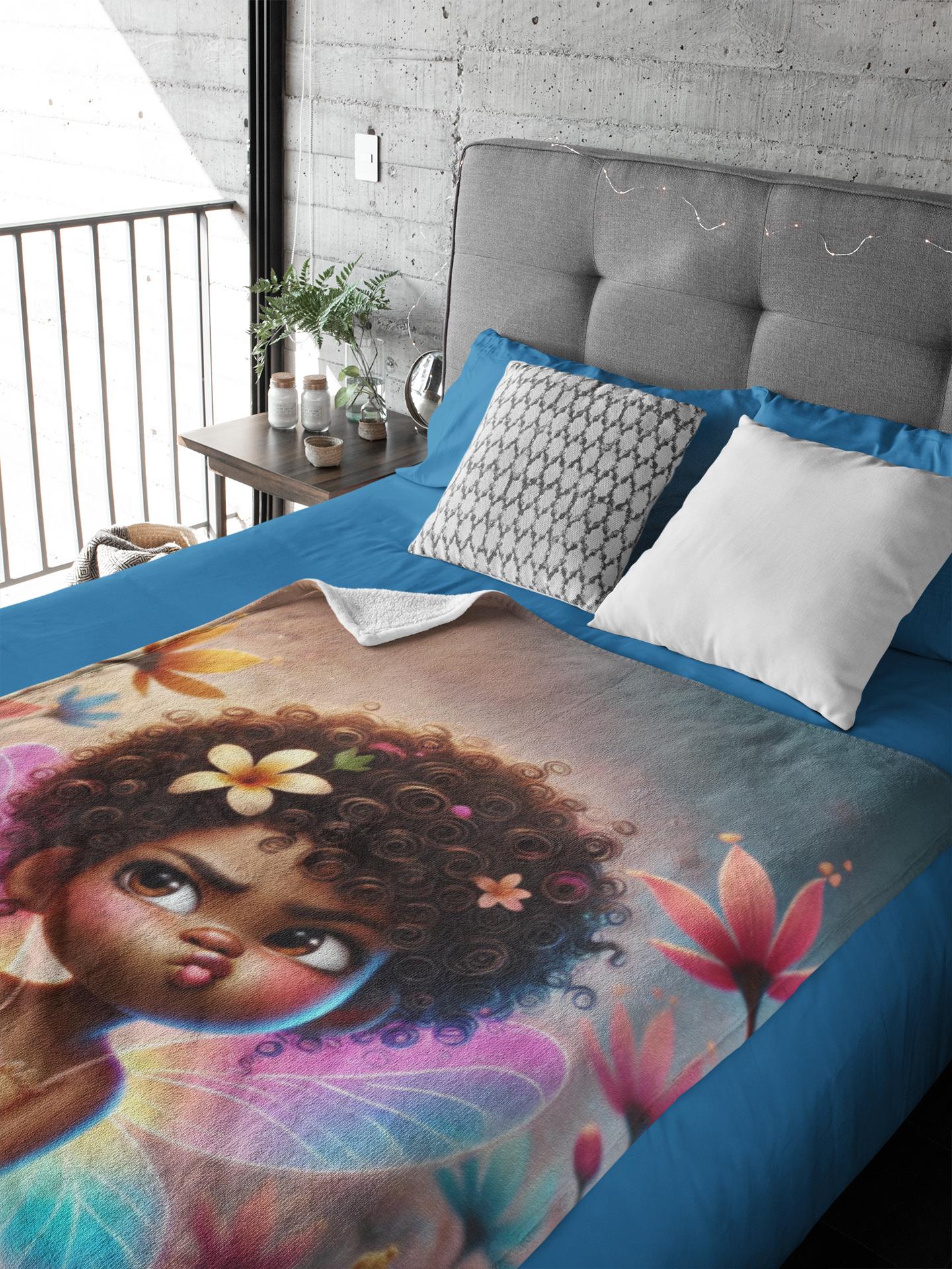 Vibrant fairy-themed blanket featuring Zuri, placed on a stylish bed with blue and white bedding in a contemporary room.