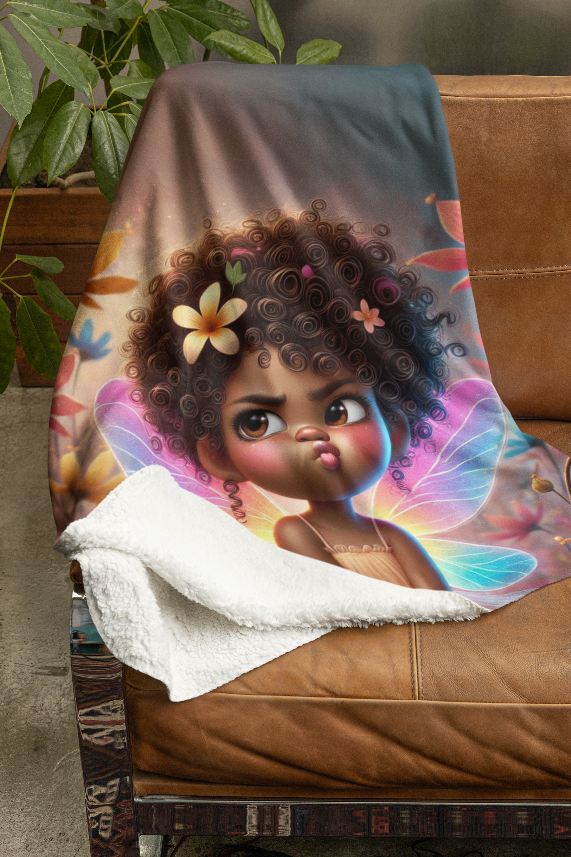 Sherpa fleece blanket featuring Zuri, a whimsical fairy with colorful wings and a floral design, draped over a cozy brown leather couch surrounded by greenery.