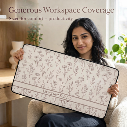 Woman holding a large desk mat with floral pattern and text in a home office setting