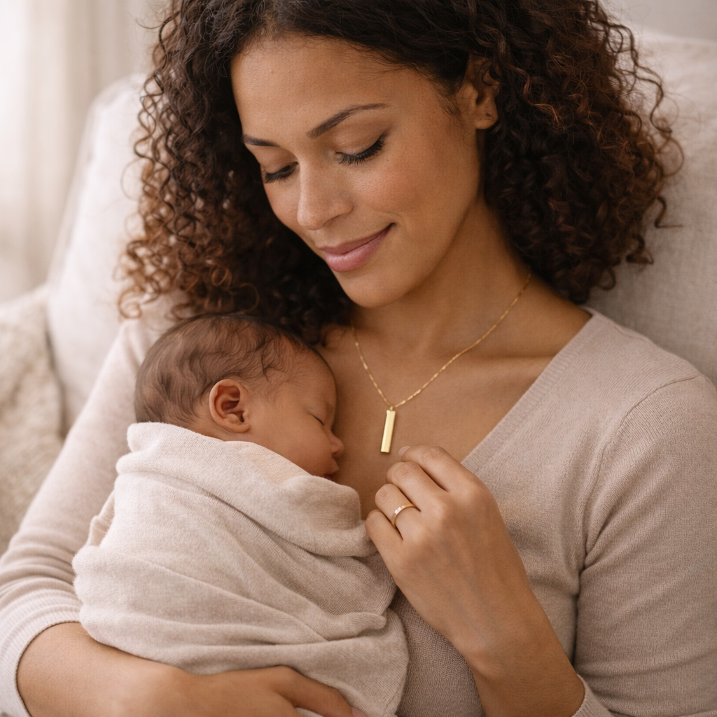 Soft lifestyle image of a mother holding her newborn baby while wearing a delicate gold bar necklace with a hidden message