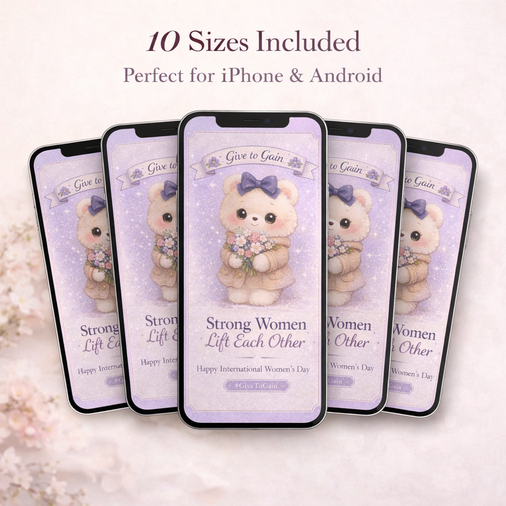 Phone wallpaper bundle preview showing multiple smartphones displaying the lavender teddy bear wallpaper design, with text indicating 10 sizes included for iPhone and Android devices.