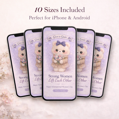 Phone wallpaper bundle preview showing multiple smartphones displaying the lavender teddy bear wallpaper design, with text indicating 10 sizes included for iPhone and Android devices.